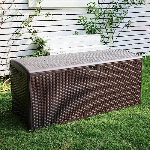 Amazon Basics Outdoor Patio Storage Box 150 Gallon Deck Box, Waterproof and Weather-resistant, Furniture Cushions Garden Tools, Brown