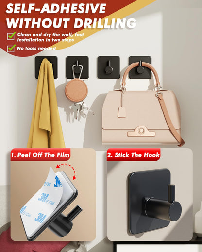 Adhesive Hooks Heavy Duty 30lb(Max) Wall Hooks, 5 Pack Self Adhesive Damage Free Towel Rack, Stainless Steel for Coat Robe, Waterproof Oilproof Rustproof for Bathroom Shower Kitchen Office