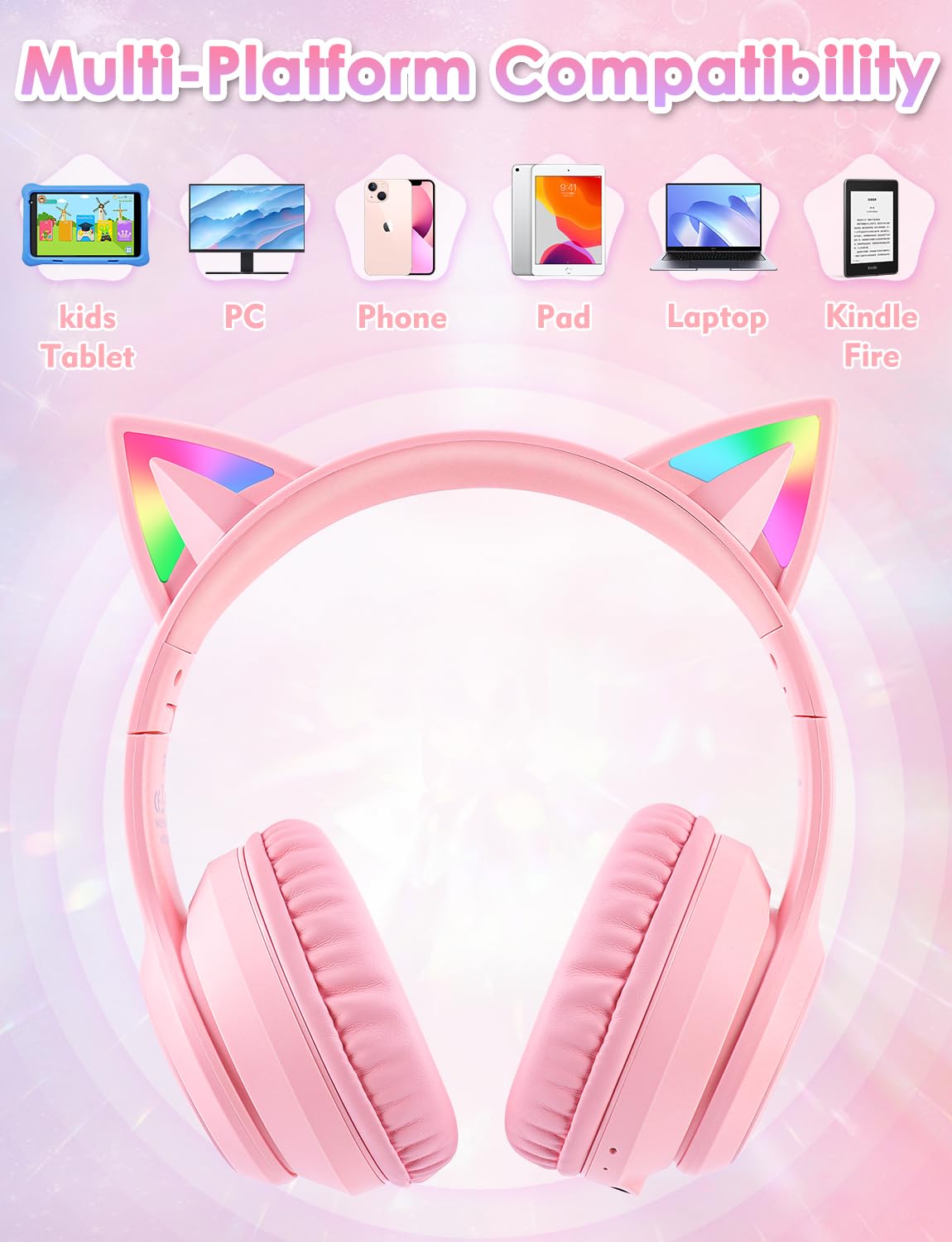 Bluetooth Kids Headphones with Microphone, Cat Ear LED Light Up and 85dB Volume Limited Toddlers Study Headphones, Wireless Foldable HI-FI sound Over-Ear School Headphones for iPhone/iPad/Laptop/PC