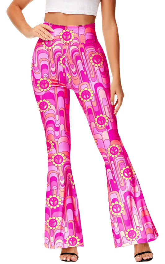 Women Hippie Bell Bottom Halloween Flare Floral Yoga Pants 60s Disco Retro Costume Trousers 2XL Pink