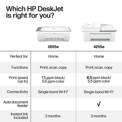 HP DeskJet 2855e Wireless All-in-One Color Inkjet Printer, Scanner, Copier, Best-for-home, 3 months of Instant Ink included, Single-band Wi-Fi connectivity (588S5A)