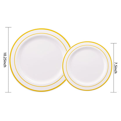 I00000 102 Pieces Gold Plastic Plates, Disposable Party Plates White Gold Rim, 51 Disposable Gold Dinner Plates 10.25 Inch and 51 Disposable Dessert Appetizer Elegant Fancy Wedding Plates 7.5 Inch