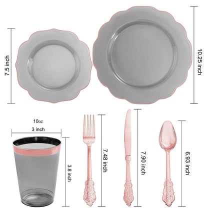 bUCLA 30Guests Clear Black Plastic Plates With Rose Gold Silverware & Cups - Rose Gold Rim Plastic Dinnerware Ideal for Party & New Year