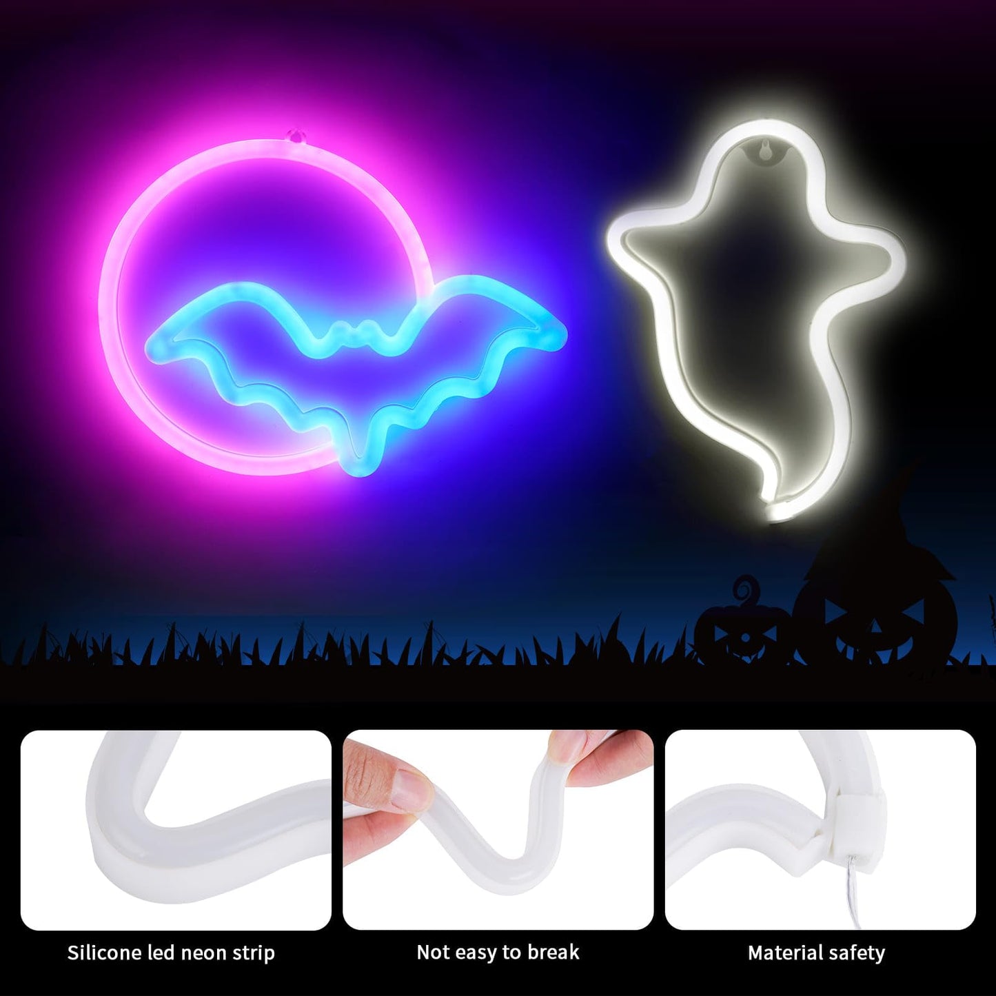 BRIGHTDECK 2 Pack Halloween Neon Signs, White Ghost, Blue Bat Full Moon Neon Lights Decorations, USB/Battery Powered Led Neon Sign for Halloween Wall Decor, Bedroom, Kids Gift, Bar, Party(Full Moon)