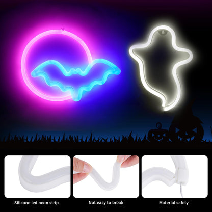 BRIGHTDECK 2 Pack Halloween Neon Signs, White Ghost, Blue Bat Full Moon Neon Lights Decorations, USB/Battery Powered Led Neon Sign for Halloween Wall Decor, Bedroom, Kids Gift, Bar, Party(Full Moon)