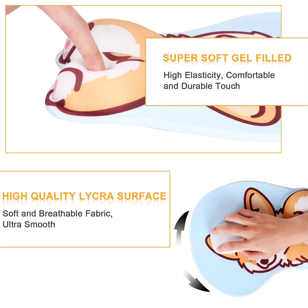 HAOCOO Ergonomic Mouse Pad with Wrist Support,Non-Slip Backing Corgi Anime Cute Gel Mouse Pad Wrist Rest, Easy-Typing and Pain Relief for Gaming Office Computer Laptop(Blue Cute Corgi)