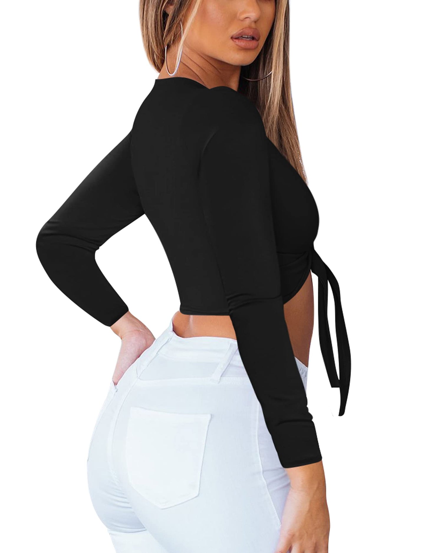BORIFLORS Women's Sexy Tie Up Crop Top Long Sleeve Deep V Neck Casual Basic T Shirt,X-Small,Black