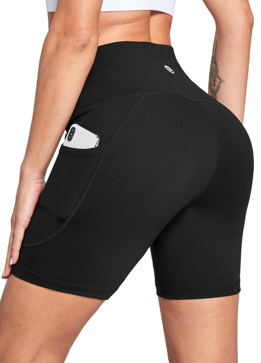 baleaf Women's 6" High Waisted Biker Shorts Gym Workout Yoga Running Athletic Spandex Shorts with Pockets Black M