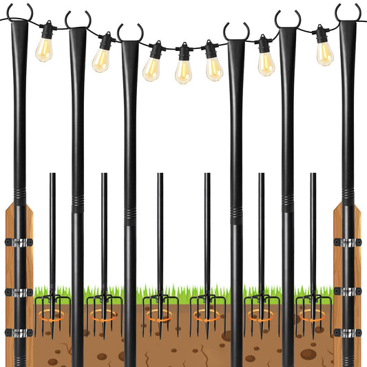 6 Pack String Light Poles for Outside, 10ft Heavy-Duty Metal Light Poles for Outdoor String Lights with Fork, Adjustable Lighting Stand for Patio Decor Backyard Pergola Garden Deck Porch Decorations