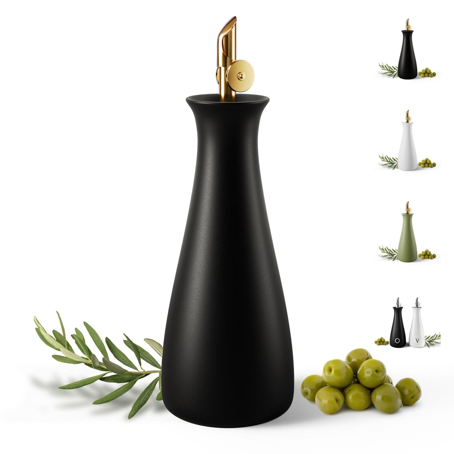 HB Design Co. Ceramic Olive Oil Dispenser with Self-Closing Gold Spout - 530 ML Capacity Matte White Ceramic Oil Dispenser for Kitchen - Leak Proof EVOO Dispensing Bottle