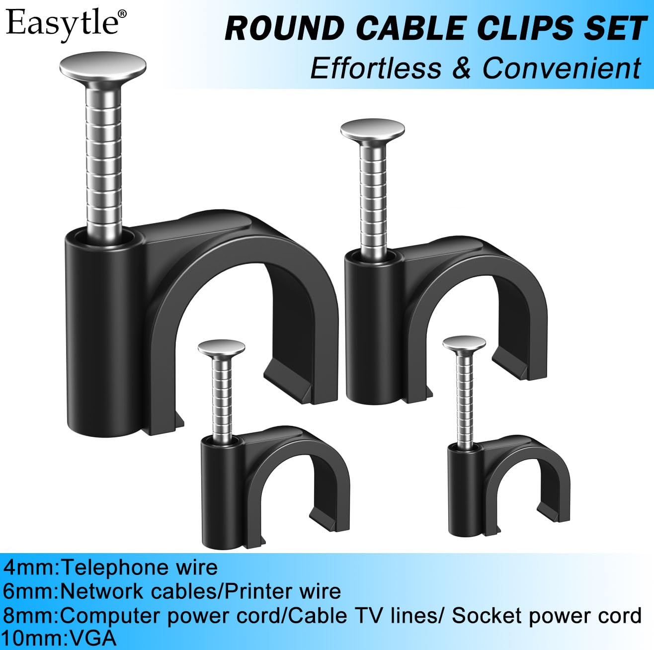 400pcs Black Cable Clips 4/6/8/10mm Cable Wire Clips Nail in Cable Clips Cable Tacks Coaxial Nail Clamps Cable Nails for Cords Cable Management RG6 RG59 CAT6 RJ45 Ethernet Cable Clips Coax Clamps