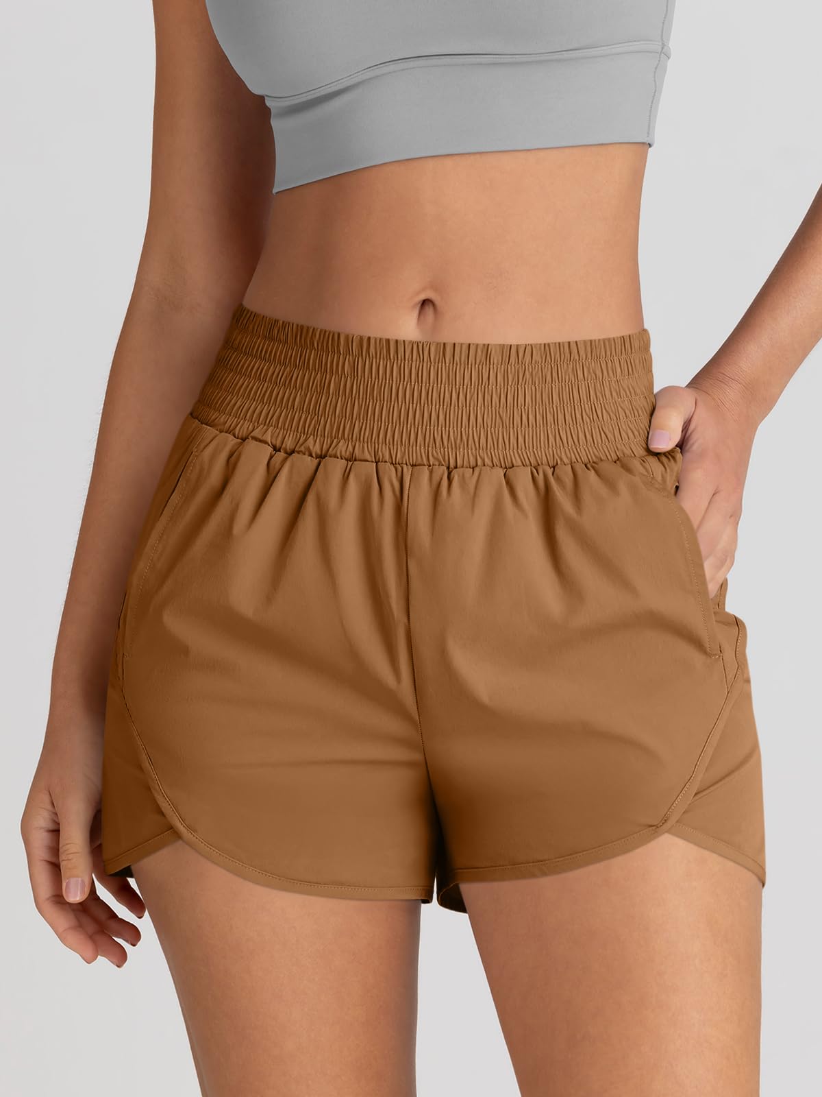 AUTOMET Womens Athletic Shorts High Waisted Running Pants Gym Workout Casual Sport Clothes with Pockets 2025 Brown