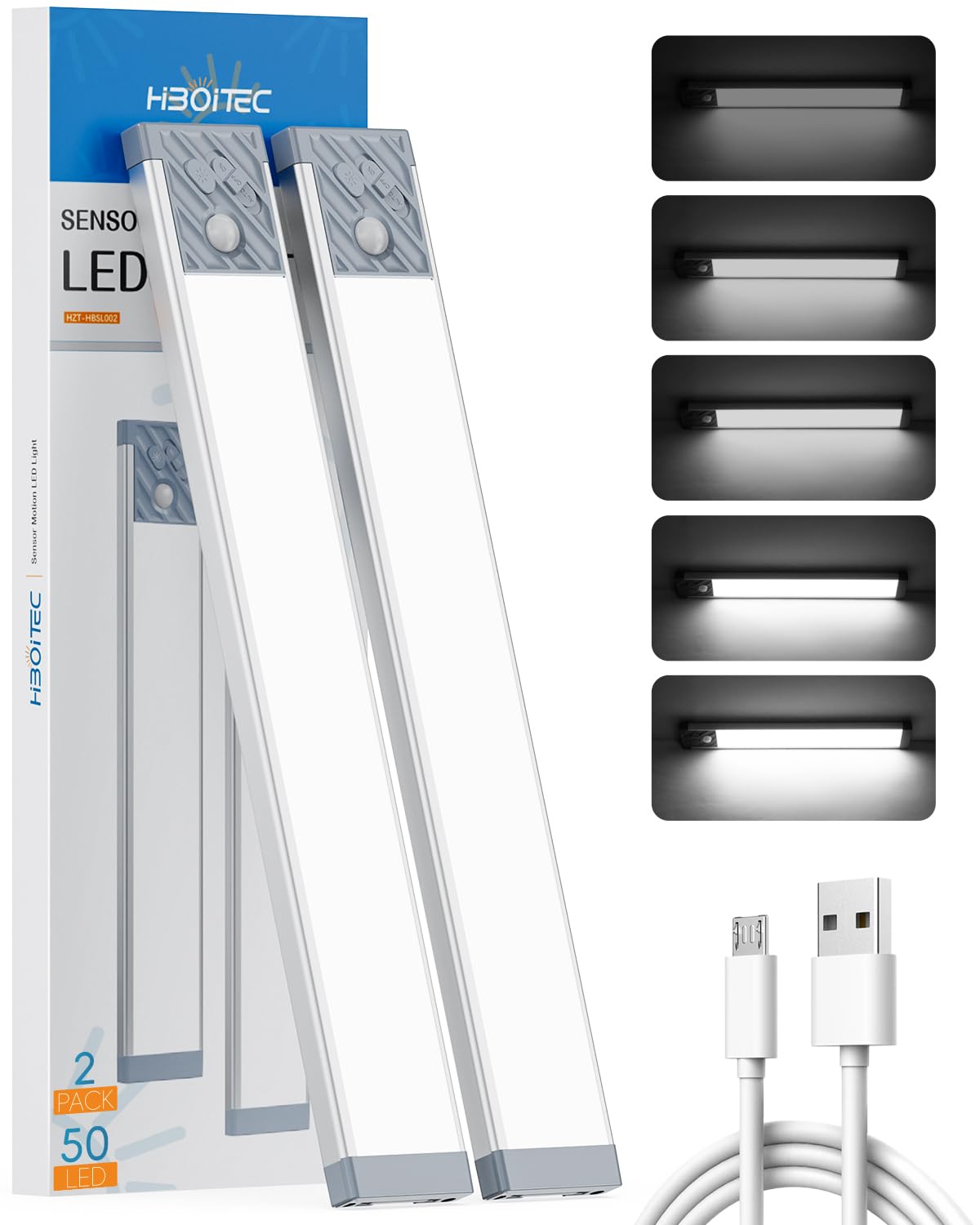 HIBOITEC Cabinet Lighting LED with Motion Sensor, Dimmable Under-Unit Light Kitchen 50 LED Cabinet Light, Cabinet Lighting Wireless USB Cabinet Light Battery for Wardrobe, White Light, 25.5 cm