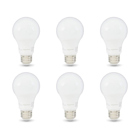 Amazon Basics A19 LED Light Bulbs, 60 Watt Equivalent, Energy Efficient 9W, E26 Standard Base, Soft White 2700K, Dimmable, 10,000 Hour Lifetime , 6-Pack