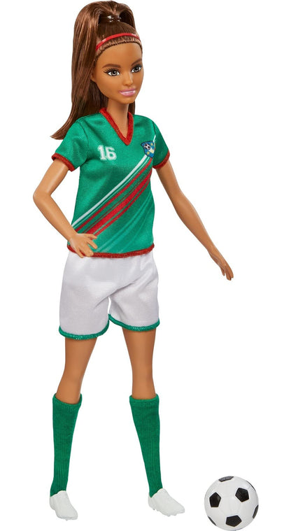 Barbie Careers Fashion Doll & Accessory, Soccer Player with Brunette Ponytail, #16 Uniform, Tall Socks, Cleats & Ball