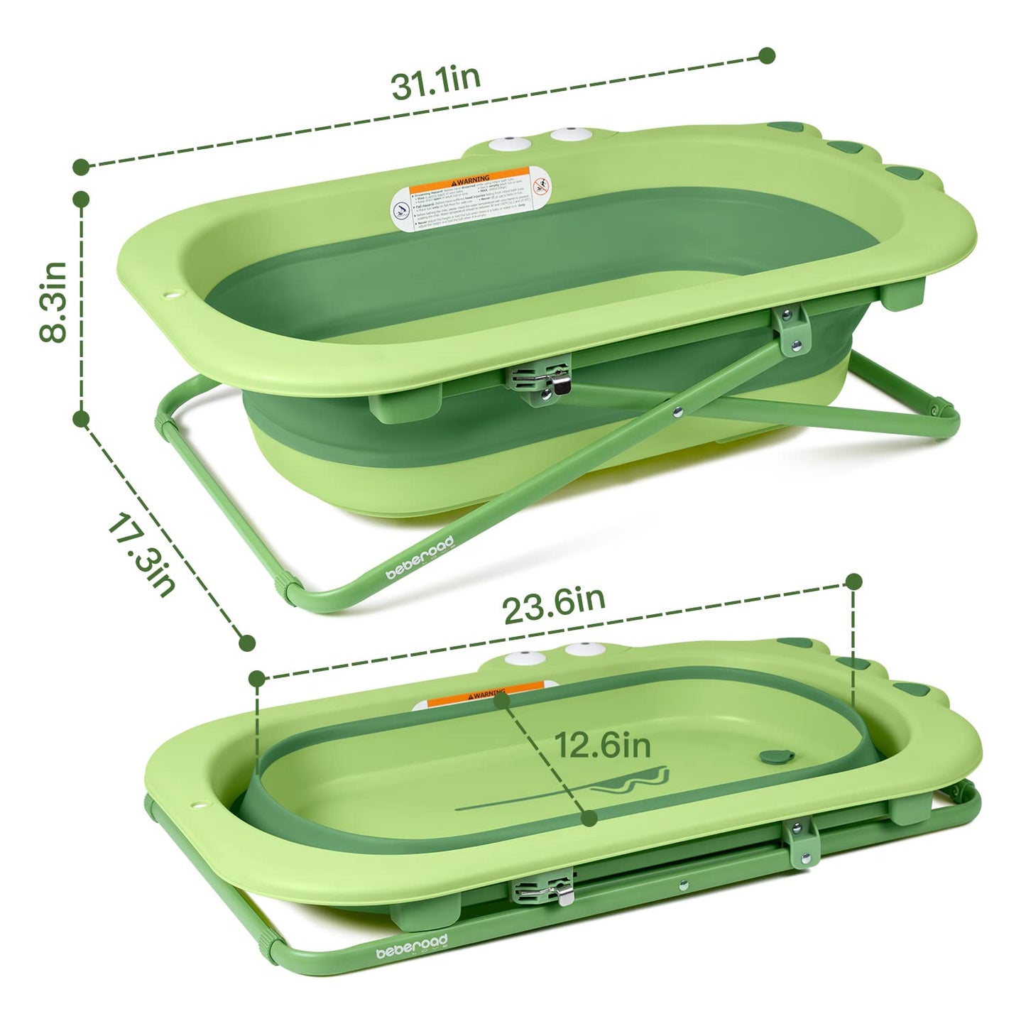 Beberoad Love Collapsible Baby Bathtub for Newborn to Toddler – Portable & Adjustable Infant Tub with Non-Slip Design, Space-Saving Bathtub for Travel & Home Use (Green)