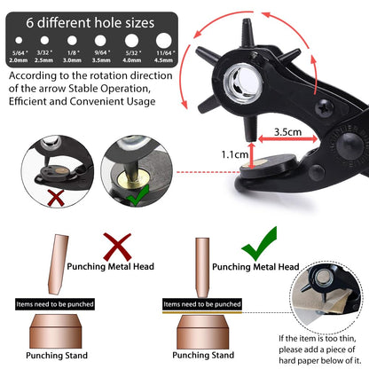 Belt Hole Puncher with 240 Sets of Leather Rivets - Updated Hole Sizes Puncher for Belt, Watch Band, Strap, Dog Collar, Saddle, Shoes, Fabric, DIY Home or Craft Project