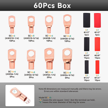 HKS Battery Cable Lug Crimping Tool 10-1 AWG, 60Pcs Copper Ring Terminals & 60Pcs 3:1 Heat Shrink Tubing, Heavy Duty Wire Crimper Set for Battery Cables