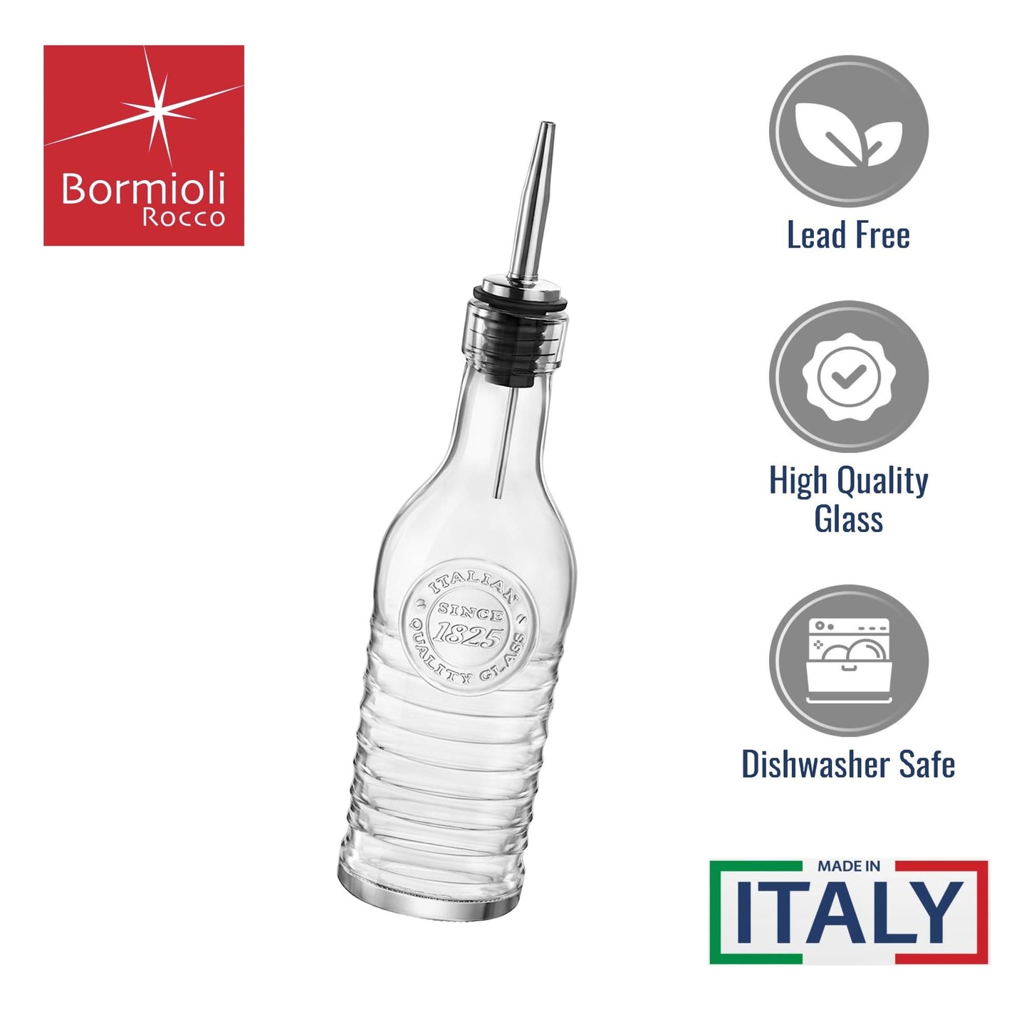 BORMIOLI ROCCO Officina 1825 Olive Oil/Vinegar Glass Bottles Stainless Steel Pouring Spout 268 ml (Pack of 2)
