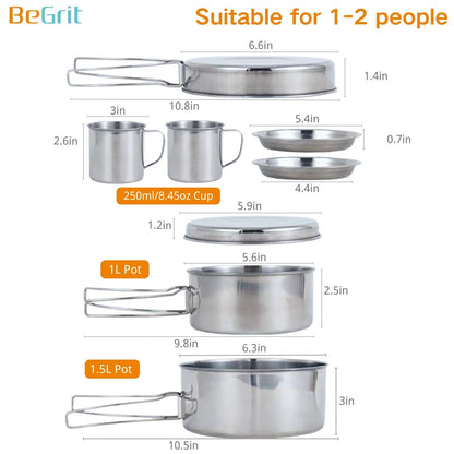 BeGrit Backpacking Camping Cookware Mini Picnic Camping Cooking Mess Kit with Pot and Pan Set for Hiking 8pcs Set