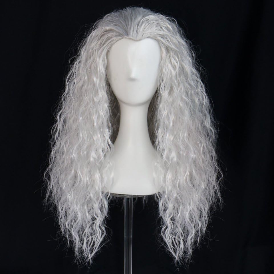 ANOGOL Hair Cap+ Long Grey Curly Wig Women Witch Wig Silver Outfit for Anime Cosplay Crazy Wigs Old Lady Wigs Long Gray Hair Women Halloween Party Costume Outfit