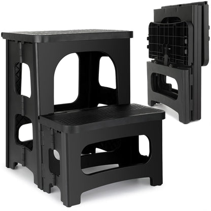 AMOISE Amoise Folding 2-Step Stool, Non-Slip Portable Footstool 8'' & 17'' Dual Heights, Holds 300 lbs, Portable Footstool for Kitchen Home Toilet Bedroom Office Bathroom RV(Black)