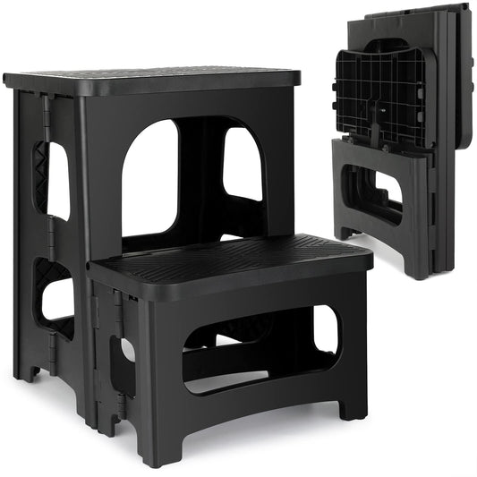 AMOISE Amoise Folding 2-Step Stool, Non-Slip Portable Footstool 8'' & 17'' Dual Heights, Holds 300 lbs, Portable Footstool for Kitchen Home Toilet Bedroom Office Bathroom RV(Black)