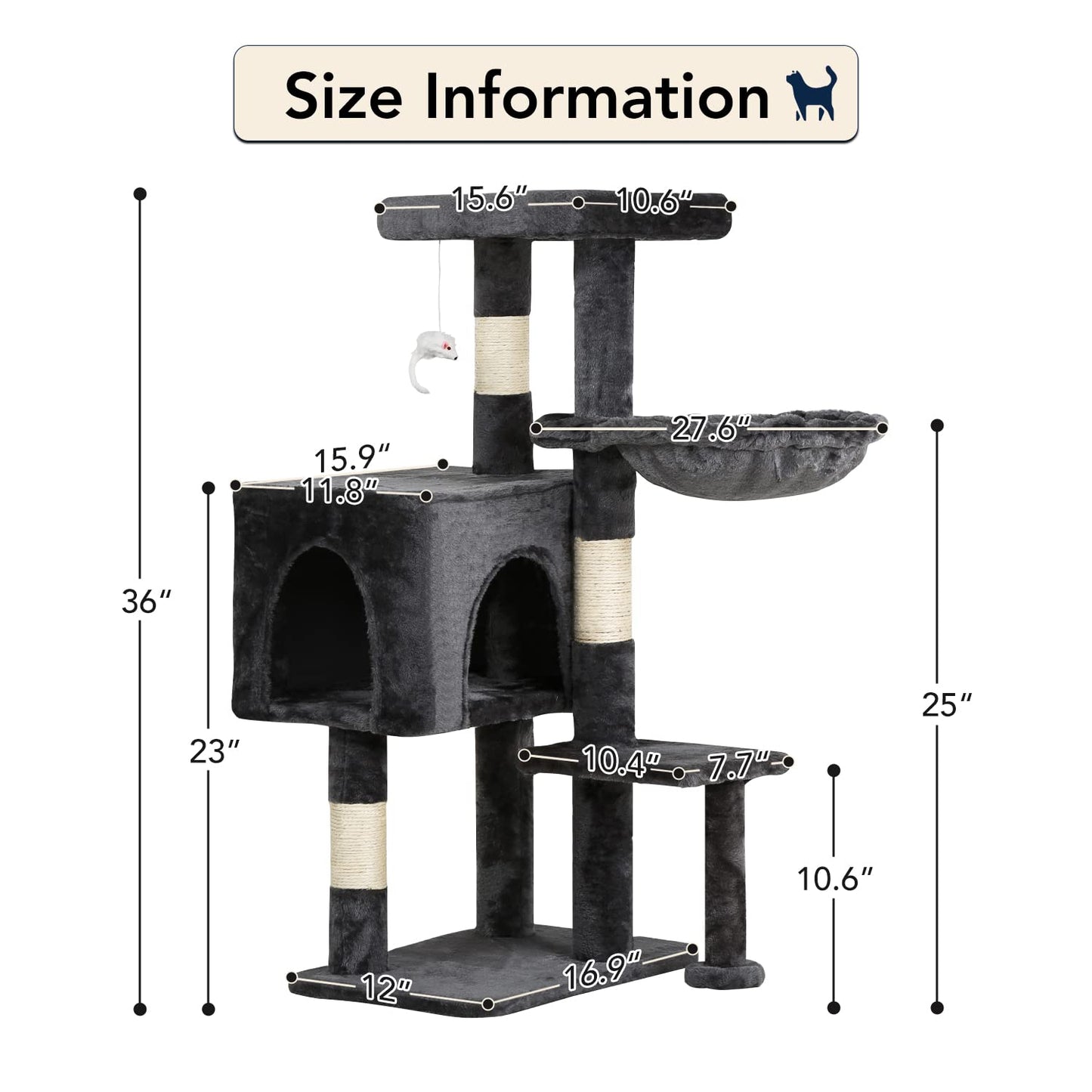 BestPet Cat Tree 36 inch Tall Cat Tower for Indoor Cats with Cat Scratching Post,Cat Condo Furniture Activity Centre with Cat Hammock & Funny Toy,Light Gray