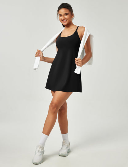 IUGA Tennis Dress for Women Athletic Golf Workout Dress with Built-in Shorts and Bra, Adjustable Straps & Pockets Black