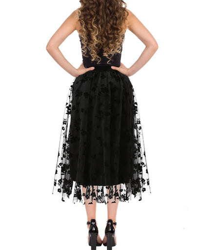 Women's A Line Tulle Midi Skirt Tutu Tiered Petticoat Skirts Tea-Length Elastic Waist Tutu Skirts (Flower Black 2 Layer)