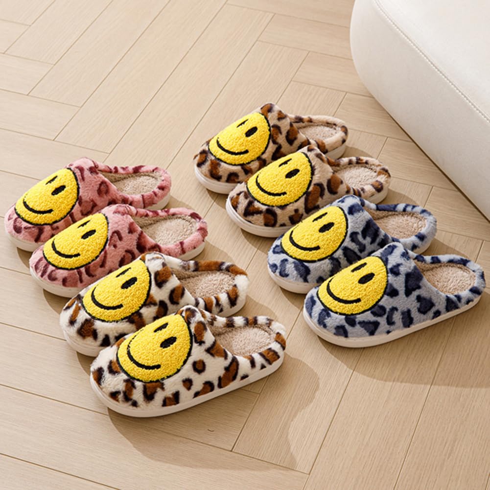 AIMINUO Women's Men's Retro Preppy Happy Face Slippers Comfy Warm Plush Slip-On House Slipper for Winter Indoor Soft Cushion Non-slip Fluffy Slides Slippers Purple 7.5-8.5 Women/7-8 Men