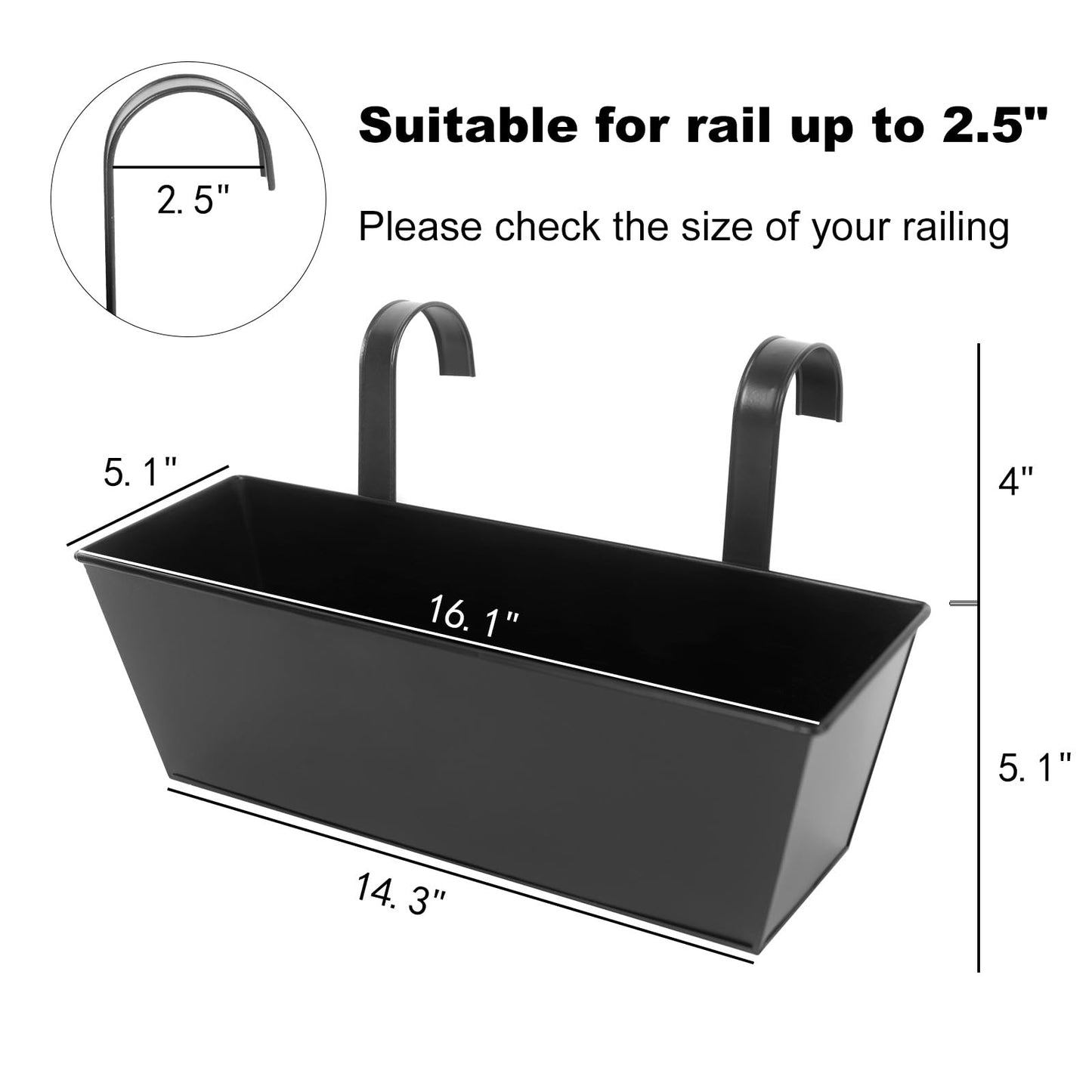 Holensun Railing Planters Outdoor Balcony 16 Inch Deck Over The Railing Planter Boxes Hanging Planters for Fence Flower 3 Pcs (Black)