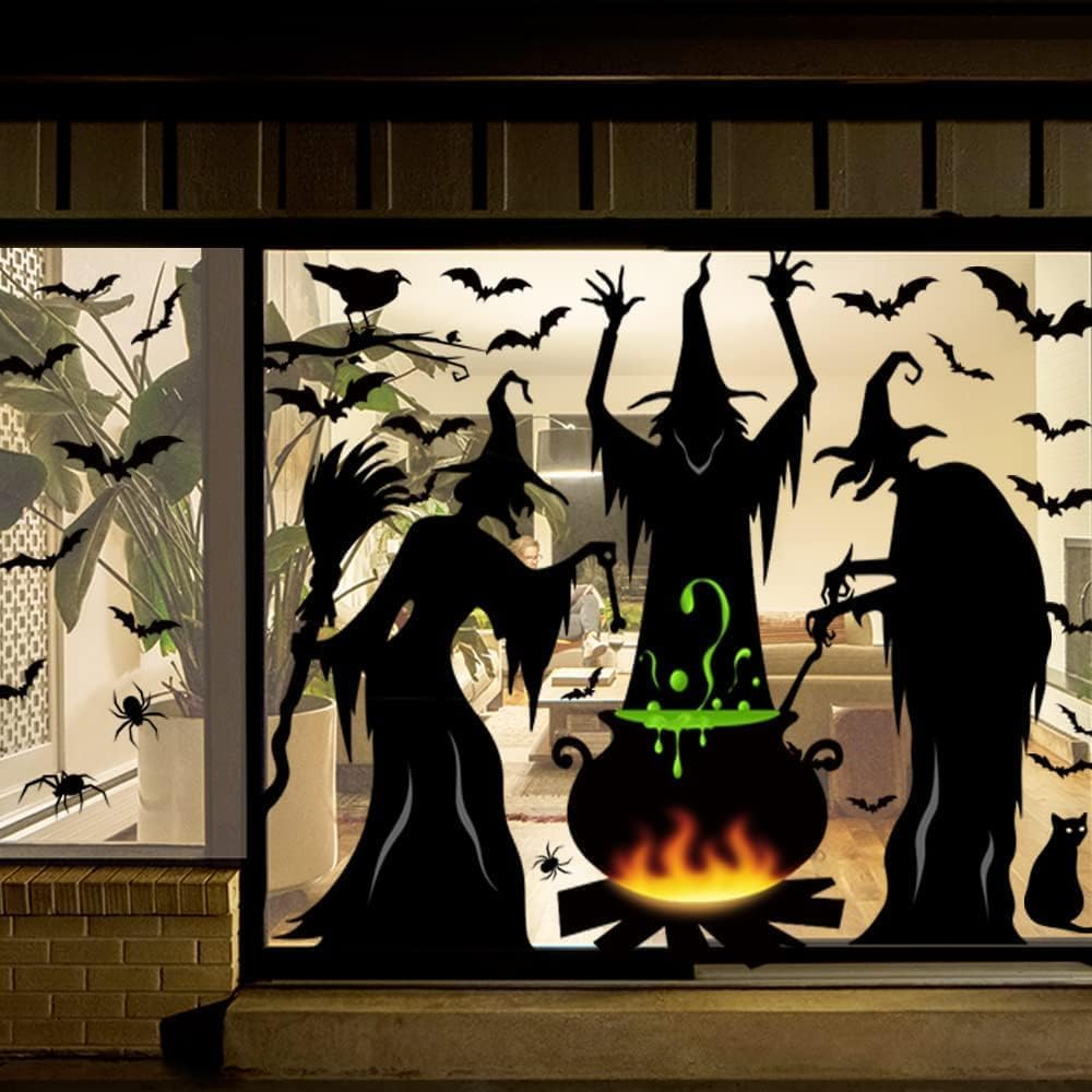 Bunny Chorus Halloween Decorations Window Clings Decor, Extra Large 3 Witches with Black Cat Bat Spider Cauldron Silhouette Halloween Window Stickers Indoor, School Home Office Party Supplies 4 Sheets