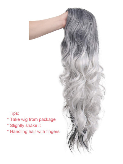 Beautyself Silver Grey Costume Wigs for Women Halloween Curly Long Wavy Fashion Cosplay Ombre Black Mix Gray Hair Wigs with Wig Cap