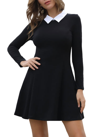 Aphratti Women's Long Sleeve Fall Dresses 2025 Casual Peter Pan Collar A Line Fit and Flare Skater Goth Dress Black Small