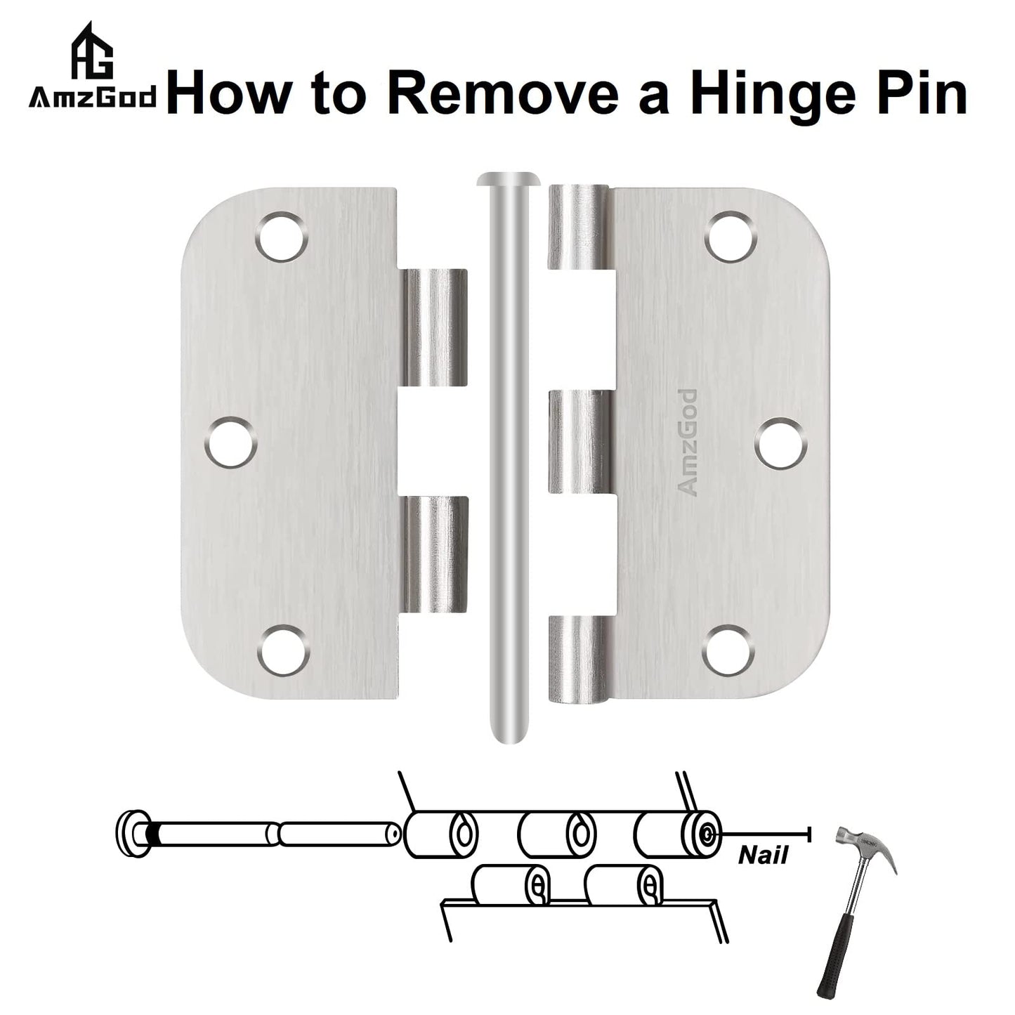 AmzGod Door Hinges Brushed Nickel - 3 Pack Satin Nickel 3.5 Inch Rounded Interior Door Hinges with 5/8" Radius - Flat Iron Residential Standard 3 1/2 Inches Silver Door Hardware