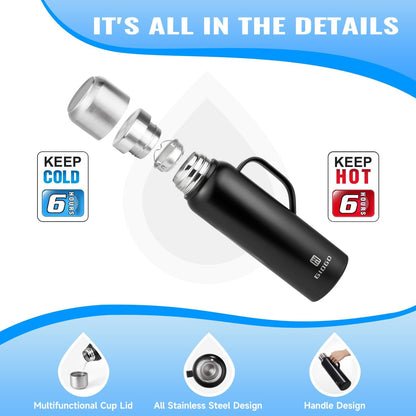 Insulated Vacuum Thermo Bottle 750ml/25.4oz with Cup Stainless Steel Coffee Bottles for Hot and Cold Drink Water Flask.(Green, with Handle, 750ml)