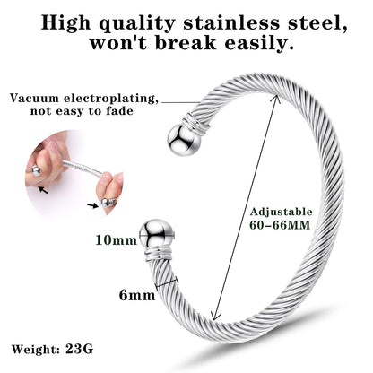 BOLAGTIER Stainless Steel Twisted Cable Wire Bracelets Adjustable Open Cuff Bangle Bracelet Vintage Jewelry Gift for Women (C-Silver)