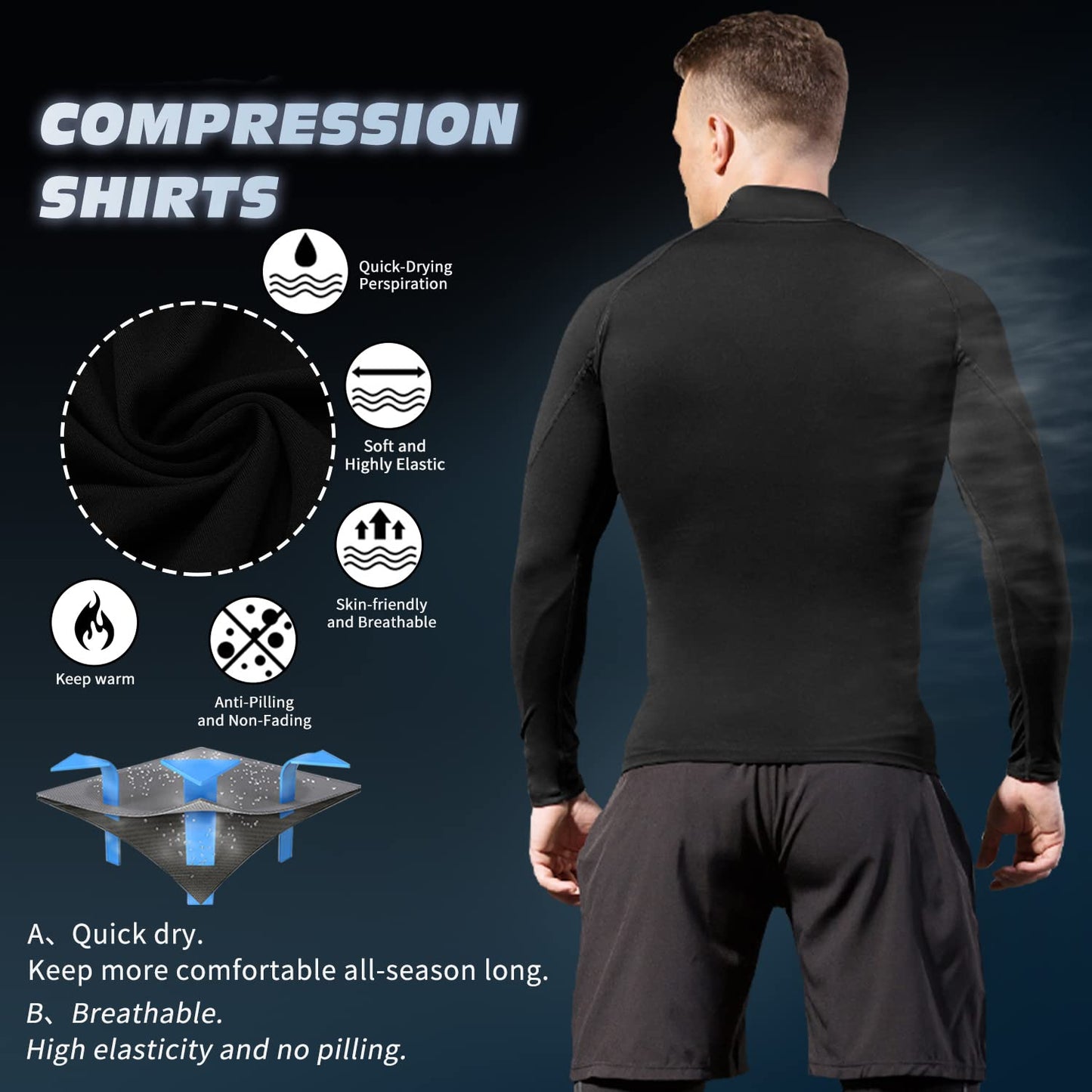 2/3 Pack Men's Compression Shirts Long Sleeve Workout Shirts Mock Turtleneck Athletic Base Layer Active Undershirts Tops