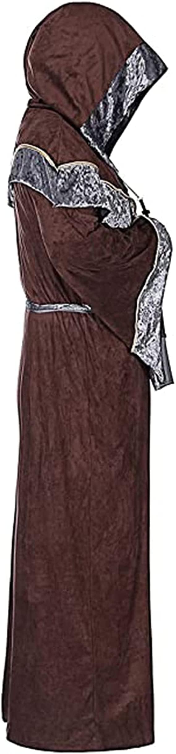 WISHU Mens Halloween Costume Sorcerer Robe, Medieval Vintage Renaissance Hooded Gown Cloak Cape (M (Length 61.4"), Coffee)