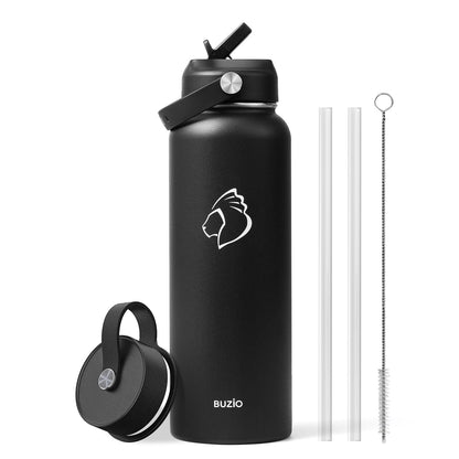 BUZIO 1180ml Insulated Water Bottle with Straw Lid and Flex Cap, 40oz Stainless Steel Drinking Bottle (Keep Cold 48 Hrs/Hot 24 Hrs) Metal Flask Leakproof Wide Mouth Thermo Canteen for Sports, Black
