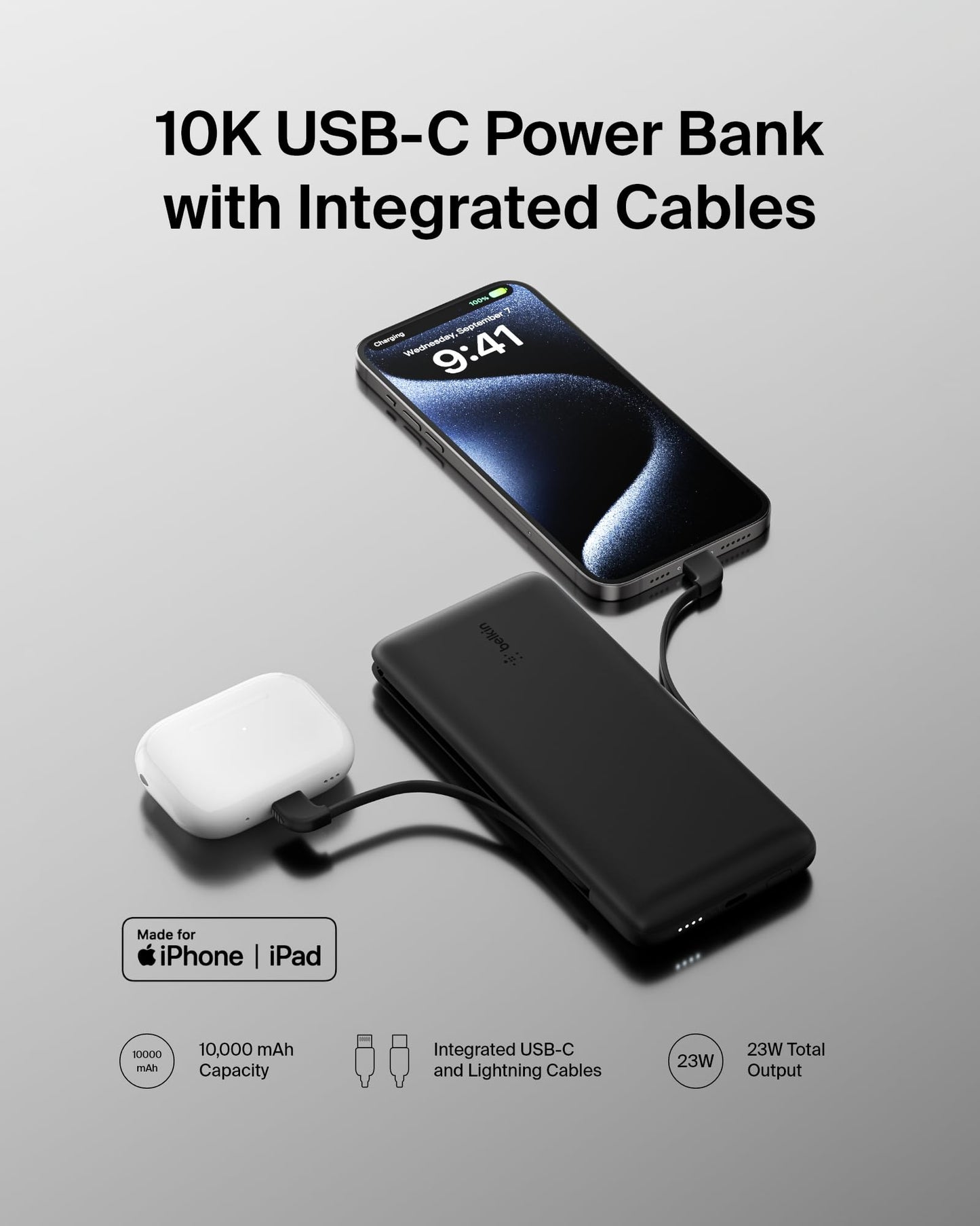 Belkin Portable Charger, Power Bank 10000 mAh, 23W w/Integrated Lightning Cable & USB-C Cable - iPhone Charger Battery Pack for Apple iPhone 16, 15, 14, Galaxy S25, Pixel 9, Travel Essentials - Black