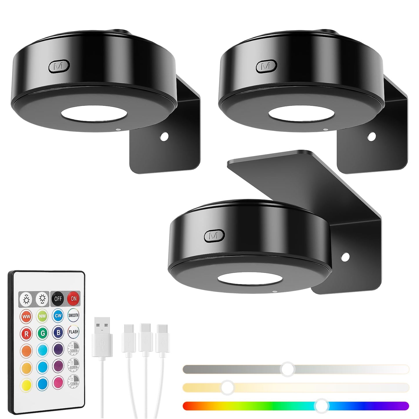 3PCS Picture Lights with Remote, Rechargeable Battery Magnetic Poster Lights with 3 Color Temps&12 RGB, Dimmable and Timer Metal Art Light for Display, Wall, Artwork, Gallery (Black)