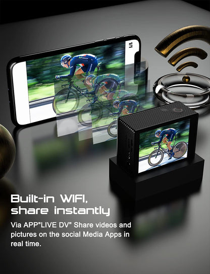 Apexcam 4K Action Camera - EIS Stabilization, 131FT Waterproof Underwater - WiFi Sport Helmet Camera (Selfie Stick, Remote Control, 2 Batteries & Accessory Kit)