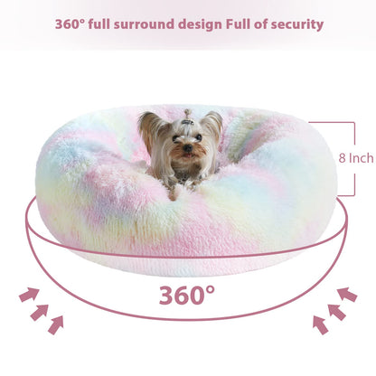 WNPETHOME Calming Dog Bed Cat Bed Donut, Faux Fur Pet Bed Self-Warming Donut Cuddler, Comfortable Round Plush Dog Beds (20 x 20 x 8 Inch, Rainbow)