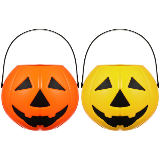Amosfun 2Pcs Plastic Bucket Halloween Pumpkin Bucket Portable Pumpkin Candy Trick or Treat with Handle for Halloween Party Favor Supplies