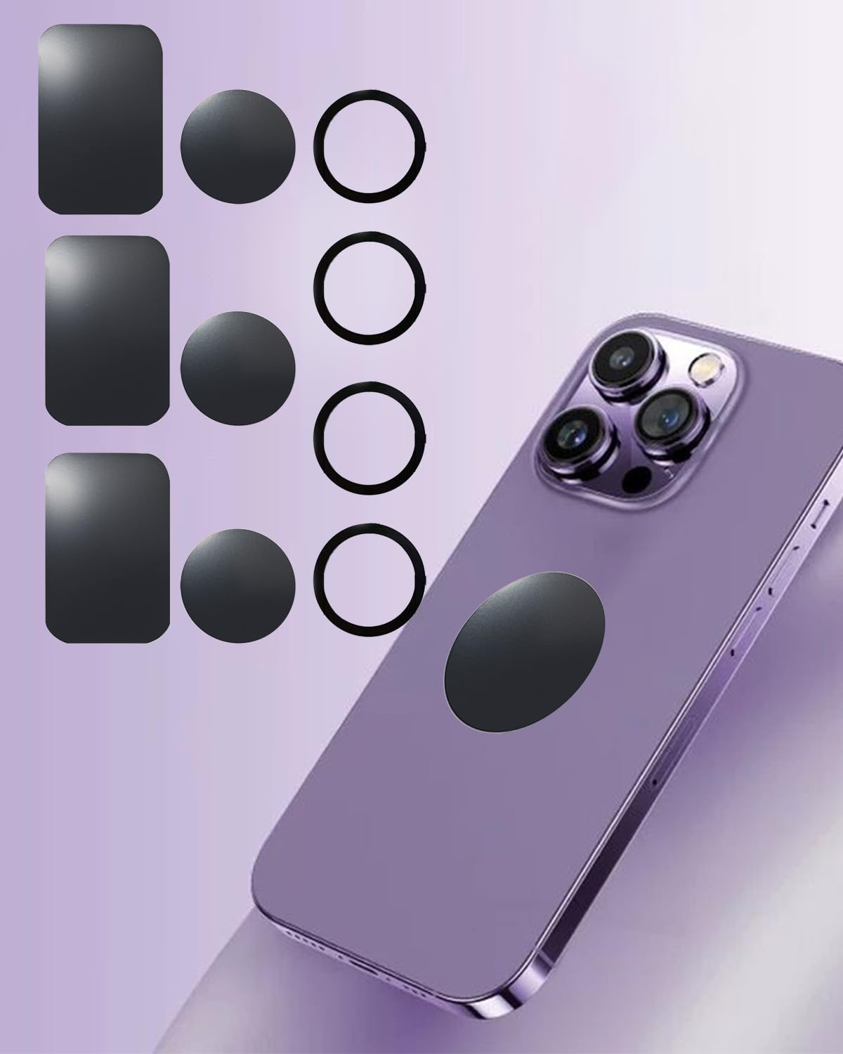 Adhesive Thin Metal Plates for Magnetic Mounts - Compatible with Phone Cases, Car Mounts, and Magnetic Holders (3 Rectangle & 3 Round & 4 Ring, Black)