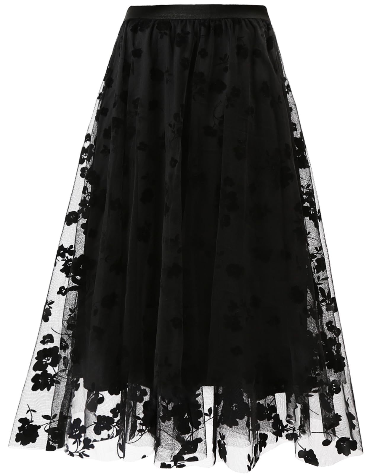Women's A Line Tulle Midi Skirt Tutu Tiered Petticoat Skirts Tea-Length Elastic Waist Tutu Skirts (Flower Black 2 Layer)