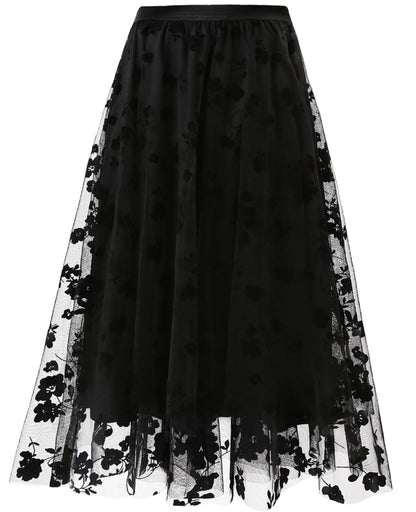 Women's A Line Tulle Midi Skirt Tutu Tiered Petticoat Skirts Tea-Length Elastic Waist Tutu Skirts (Flower Black 2 Layer)
