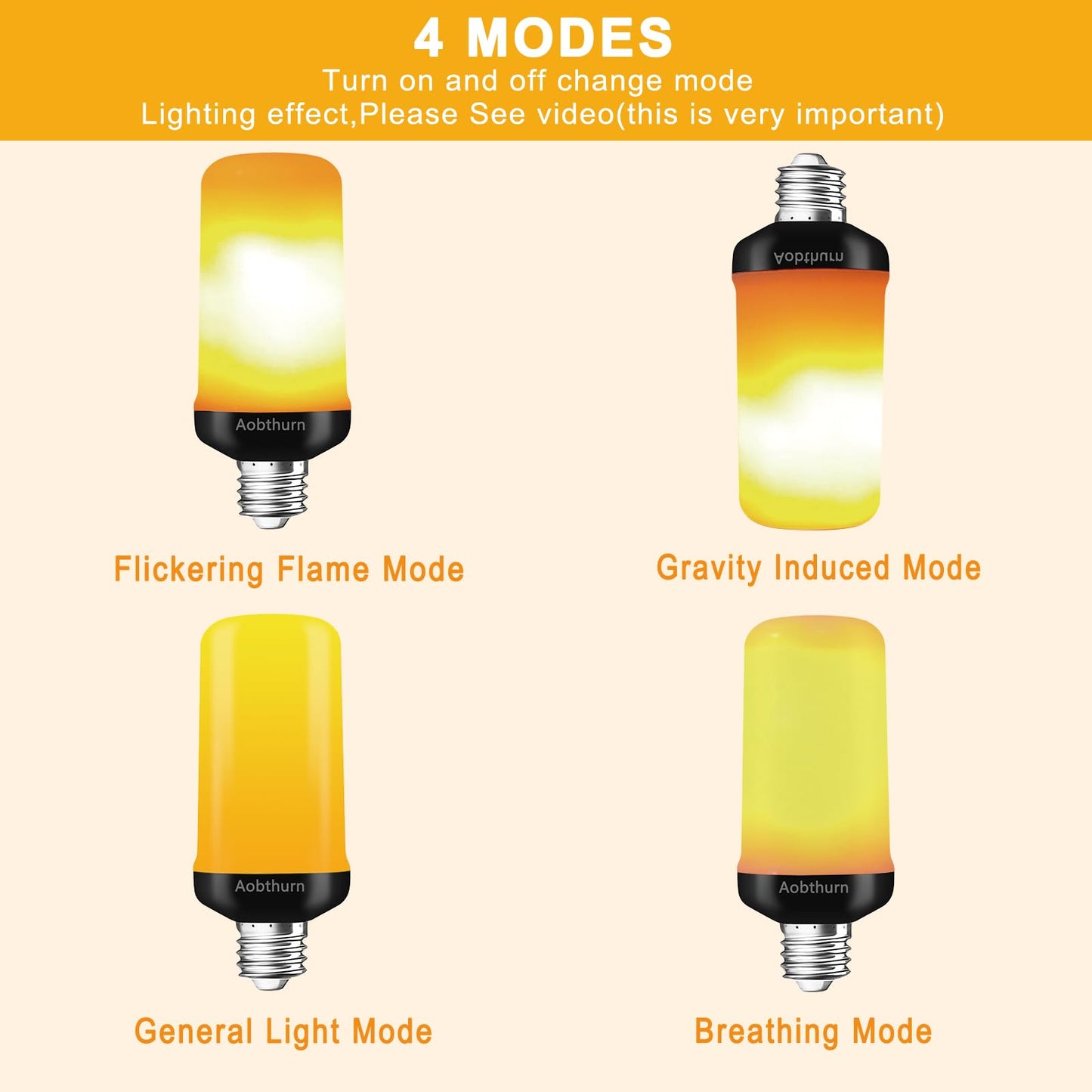 aobthurn Flame Light Bulbs, 4 Modes LED Flame Effect Light Bulb, E26 Base Flickering Light Bulb with Gravity Sensor,Flickering Light Bulbs Halloween Home Party (4 Pack)